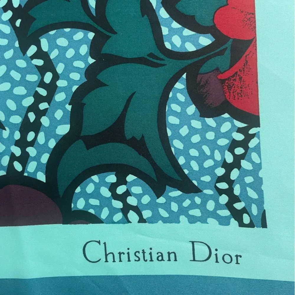 Dior Vintage Silk Scarf with Red and Blue Floral Design